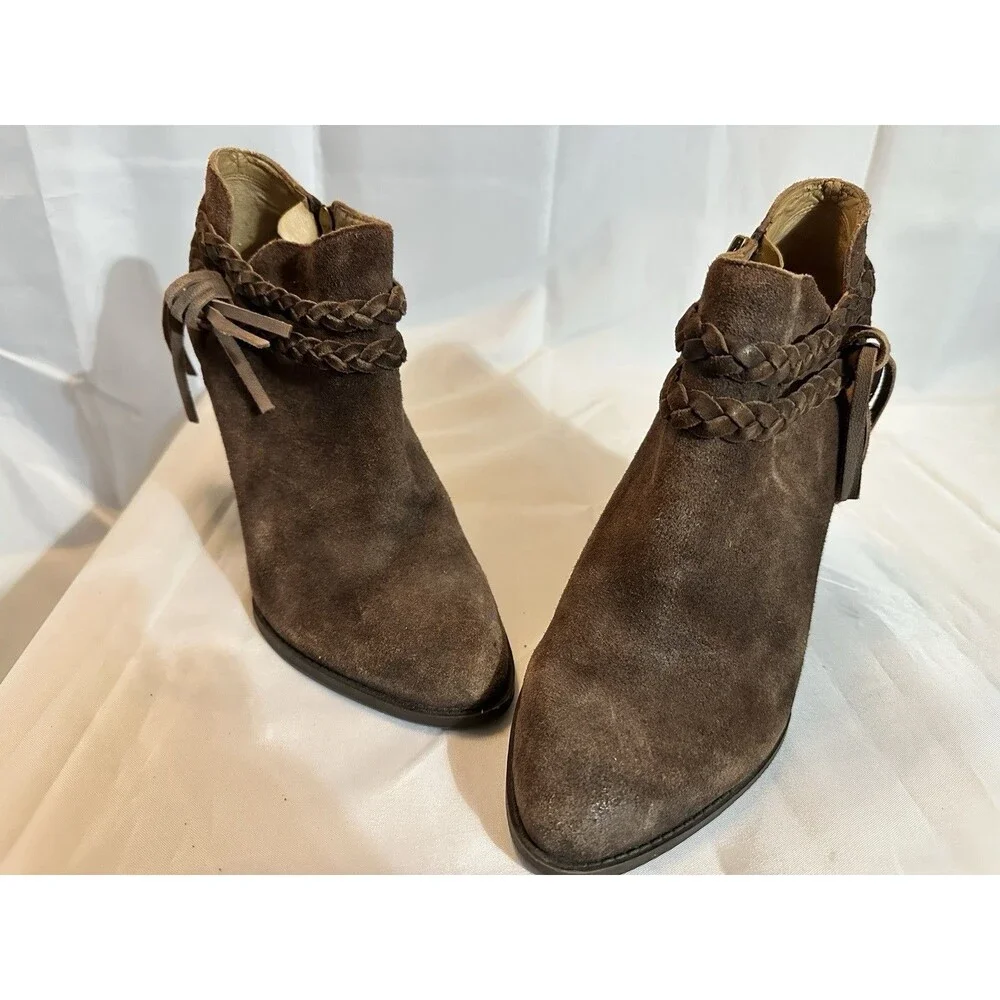 Franco Sarto Brown Suede Wedge Booties Braided Tassel Boho Womens 10